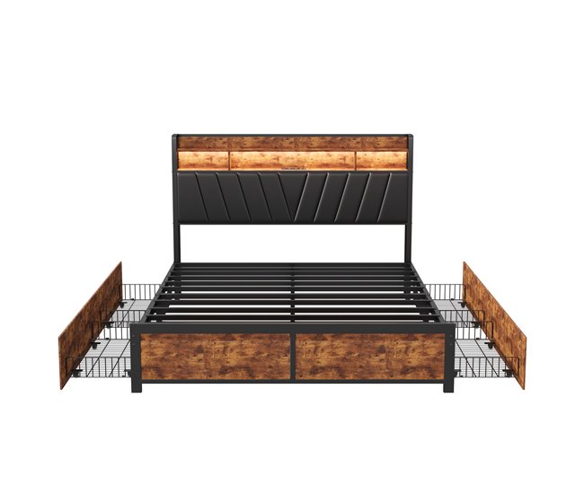 Cama de metal, USB, LED, 4 cajones 160x217 Multicolor