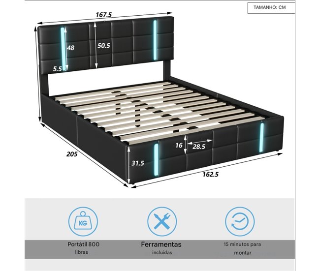 Cama, LED, USB, Tipo-c, Cama juvenil, Cama doble 167x205 Negro