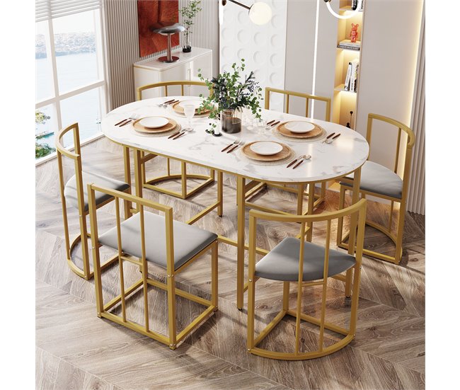 Conjunto de mesas y sillas de comedor 140x80 Blanco/ Gris