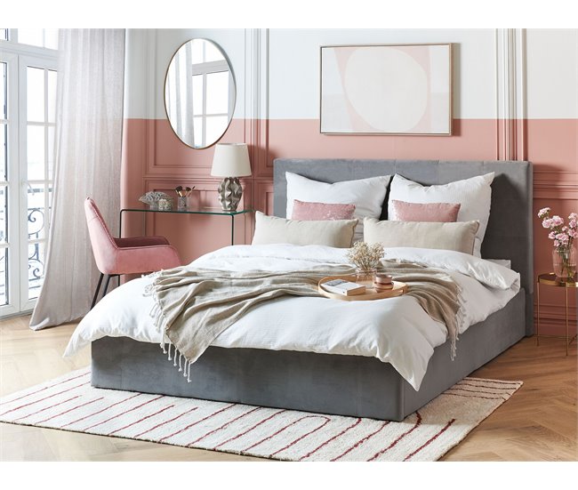 Beliani Cama con almacenaje Terciopelo LORIENT 177x216 Gris Claro