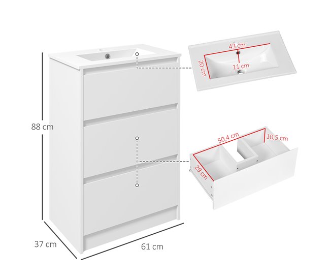 Armario de Baño Melamina de Madera, Cerámica Sintética kleankin 61 Blanco