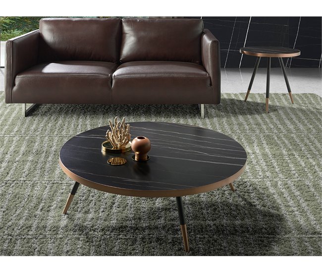 Mesa centro redonda mármol porcelánico y acero negro Negro/ Naranja