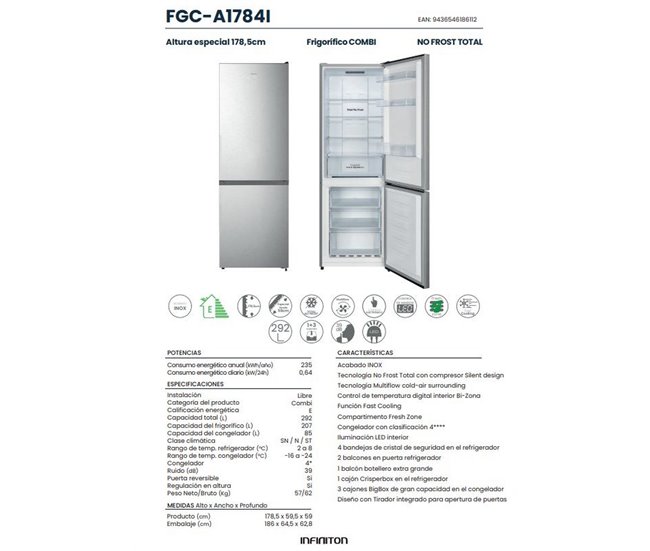 Frigorifico Combi Infiniton FGC-A1784I, 292 l, No Frost Total Inox