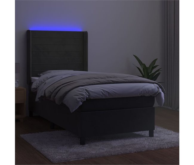Cama box spring colchón y LED terciopelo - Rayas horizontales 100x200 Azul
