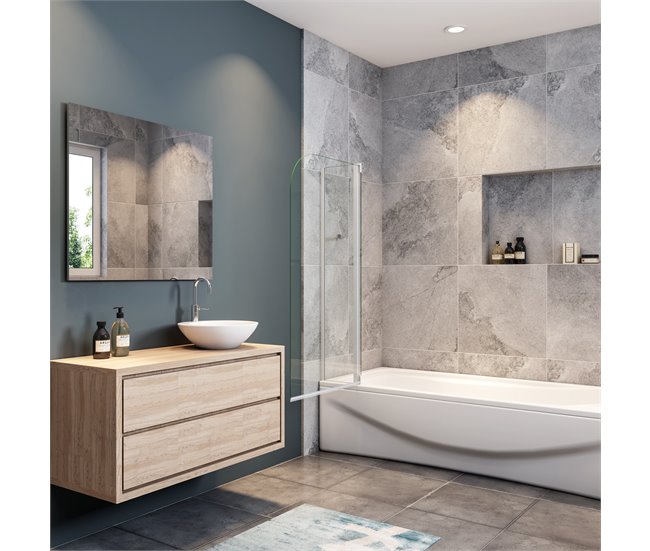 Mampara de Bañera Abatible,Vidrio Templado 4mm,Altura 140cm Blanco/ Gris