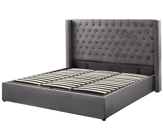 Beliani Cama con almacenaje Terciopelo LUBBON 210x217 Gris