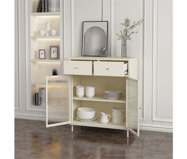 Aparador Lindau con 2 cajones puerta de cristal [en.casa] Crema