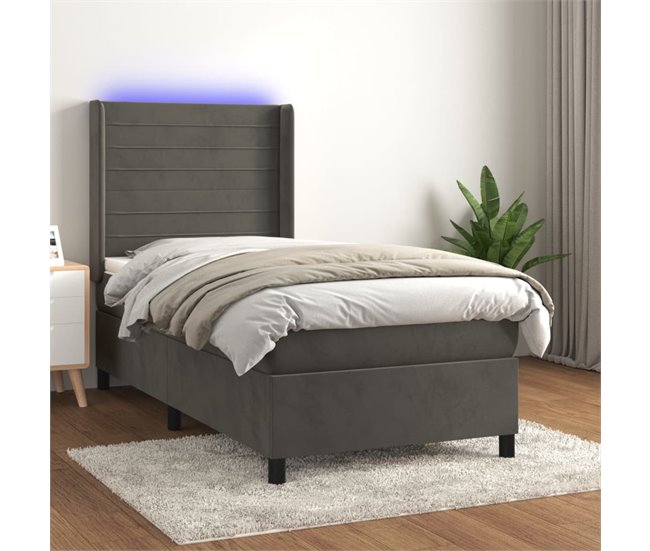 Cama box spring colchón y LED terciopelo - Rayas horizontales 100x200 Azul