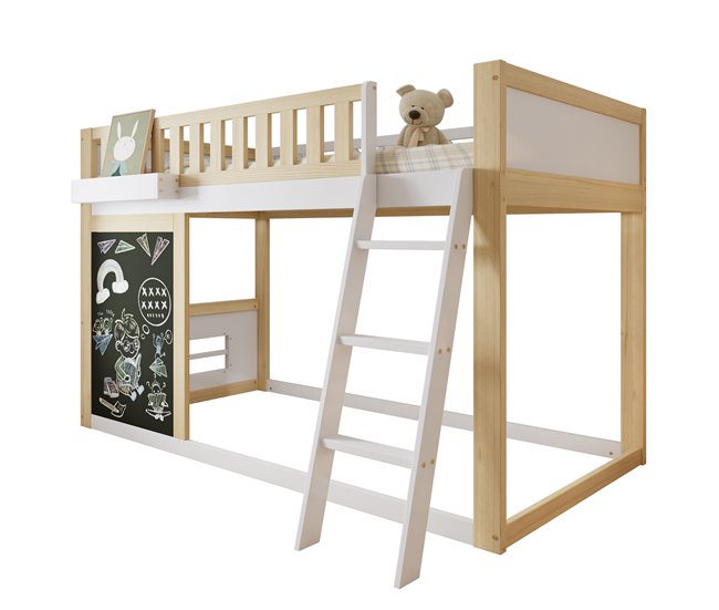 Cama alta de madera de pino Natural/ Blanco