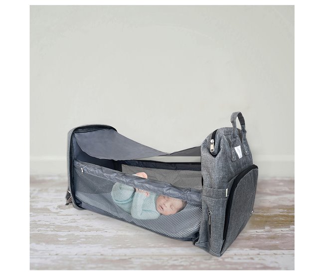 Acomoda Textil – Mochila Cambiador de Pañales para Bebé con Cuna. Gris