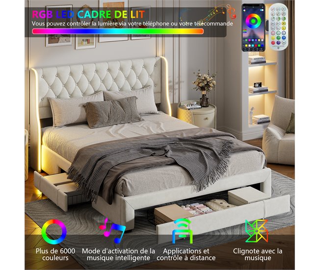 Cama, cajón, cama con canapé, LED, cama funcional Beige