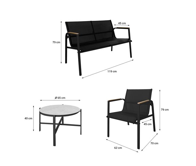 Acomoda Textil – Conjunto Jardín de Sofá + 2 Sillones + Mesa Negro