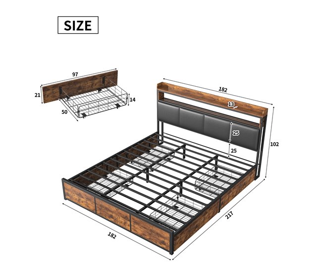 Cama, Cama de metal, 4 cajones, LED, Cama juvenil 182x217 Negro