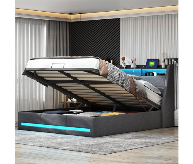 Cama, USB, Cama juvenil, LED Gris