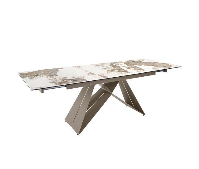 Mesa comedor extensible rectangular mármol porcelánico y acero color champagne Blanco/ Rojo