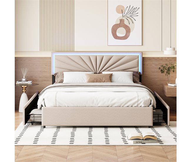 Cama con cabecero LED y 4 cajones de almacenaje Beige