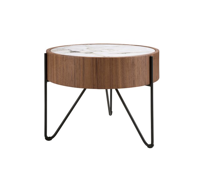 ANGEL CERDÁ Mesa rincón redonda mármol porcelánico Blanco/ Madera