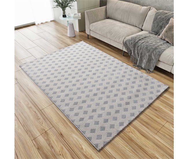 Alfombra geométrica con relieve BARESA - ATTICGO 80x150 Blanco/ Plateado