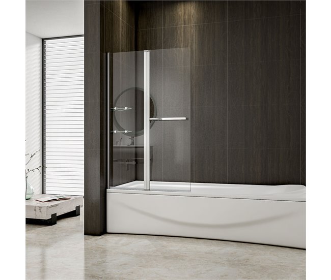Mampara de Bañera Abatible Giratoria Vidrio Templado 6 mm Rectangular con 2 Repisas y un Toallero,Altura 140cm Blanco/ Gris