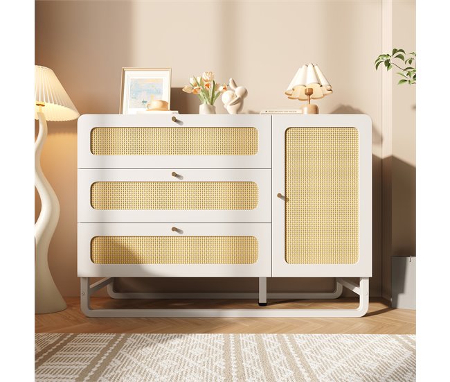 Aparador con 1 puerta y 3 cajónes Natural/ Blanco