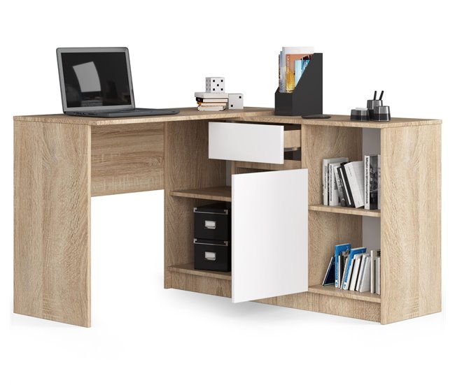 Escritorio esquinero B17 AKORD con 1 cajon 120x126 Blanco/ Madera