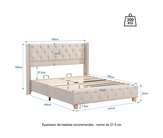 Cama de matrimonio de lino 149x195 Beige