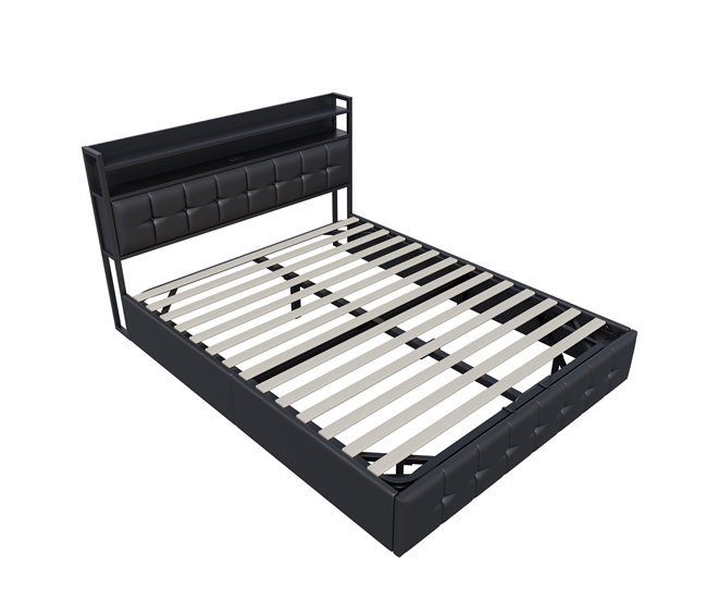 Cama doble con puerto USB, LED y almacenaje. Negro