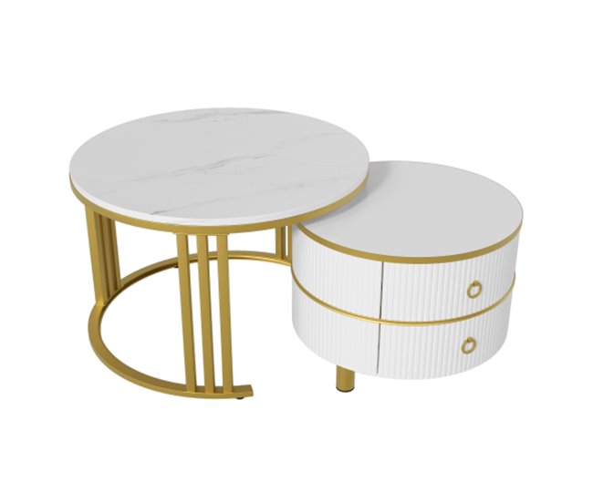 2 en 1, mesa de centro, mesa de salón, 2 cajones 70x70 Blanco