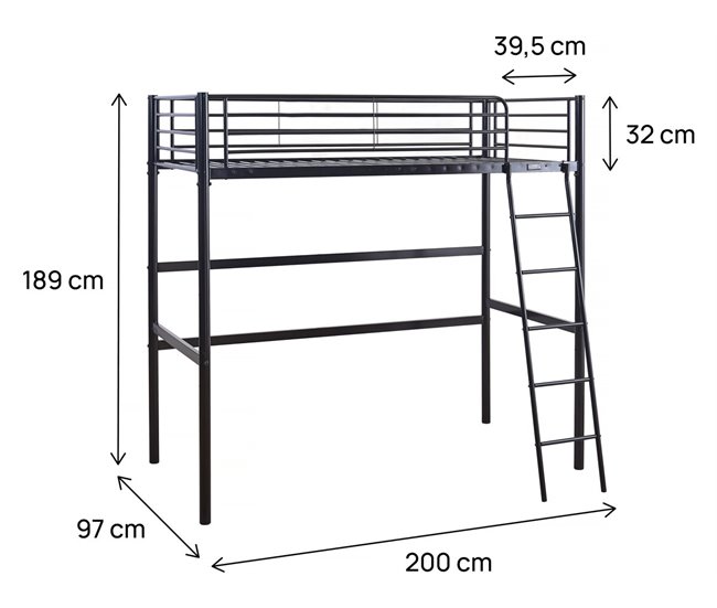 Cama alta de metal "Alora" 97x200 Negro