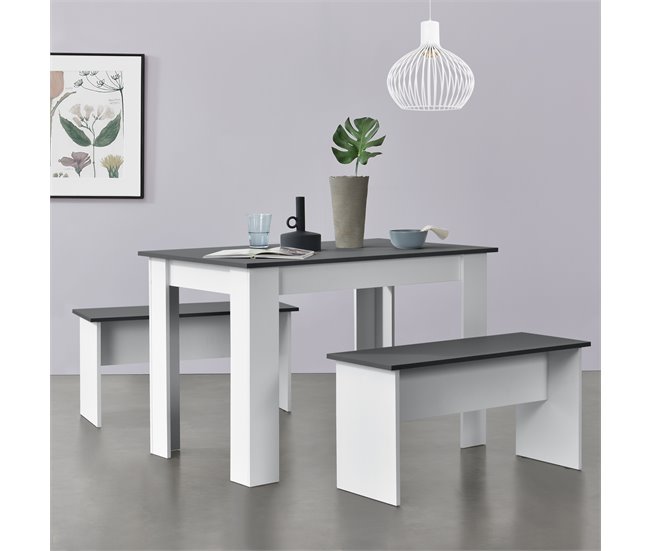Conjunto de mesa de comedor + 2 bancos Hokksund aglomerado 110x70 Blanco