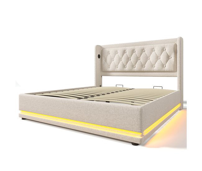 Cama de matrimonio de algodón con almacenaje 150x210 Beige