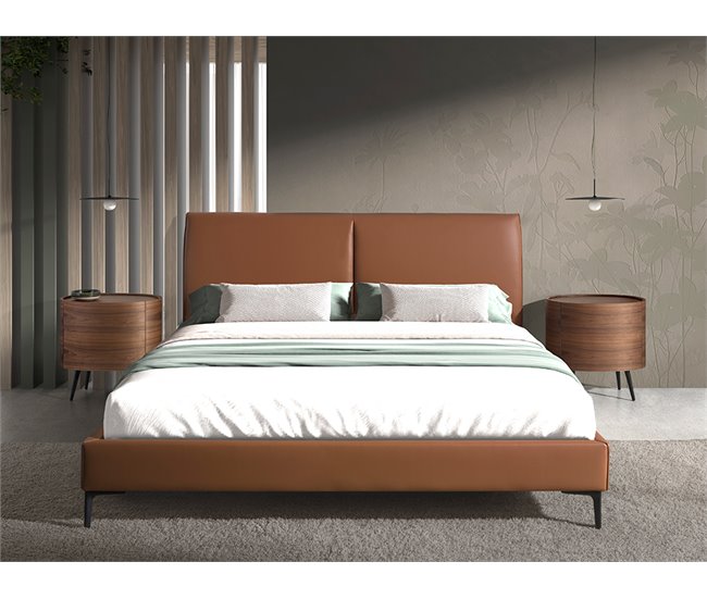 Cama matrimonio tapizada en polipiel Marron