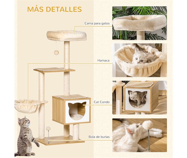 Árbol para Gatos Aglomerado de Madera, Felpa, Sisal PawHut Beige