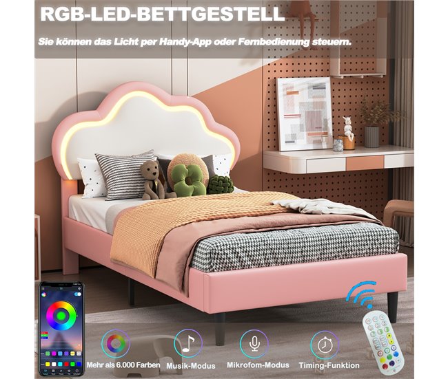 Cama tapizada de con cabecero ajustable, LED 100x202 Rosa
