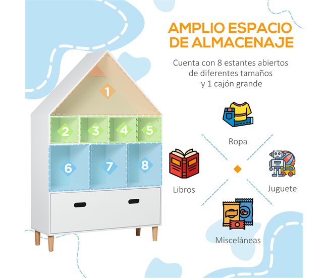 Estantería de Madera Infantil MDF y Madera de Pino HOMCOM Blanco