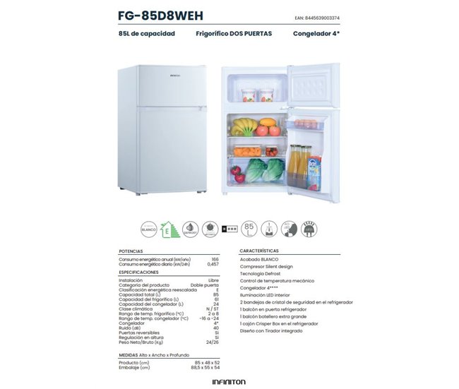 Frigorifico Dos Puertas Infiniton FG-85D8WEH, 85 l Blanco