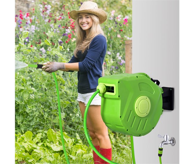 Carrete para Manguera PP, PVC Outsunny Verde