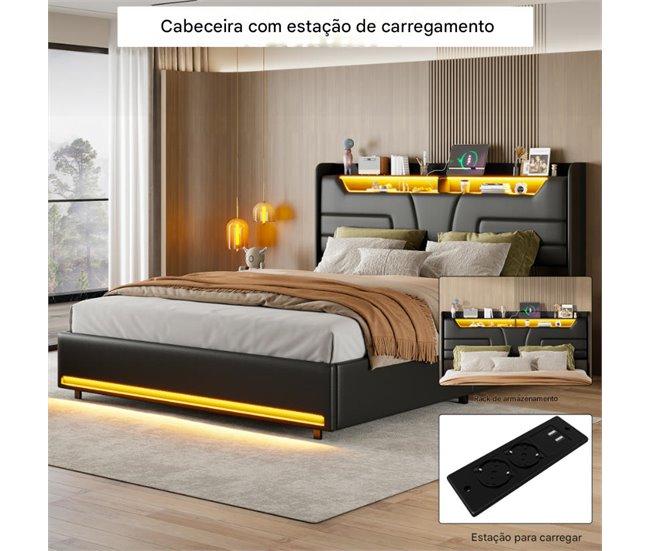 Cama, USB, LED, cama doble, cama funcional 143x211 Negro