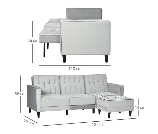 Sofá Cama Poliéster, Espuma, Madera HOMCOM Gris
