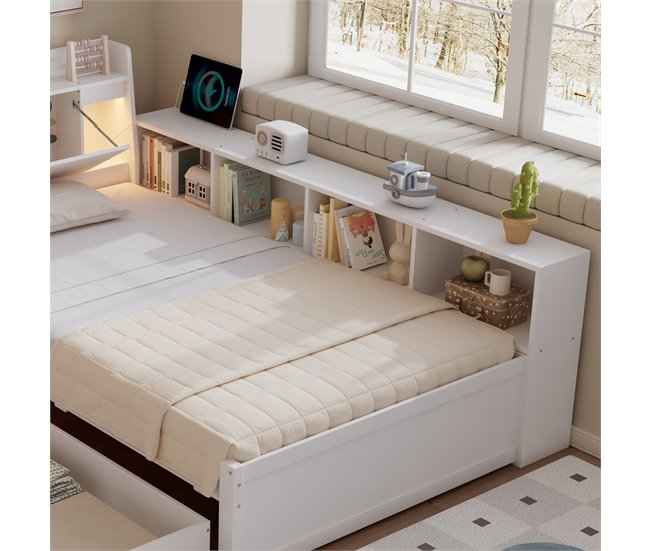 Cama juvenile de madera de pino con 2 cajónes 113x220 Blanco