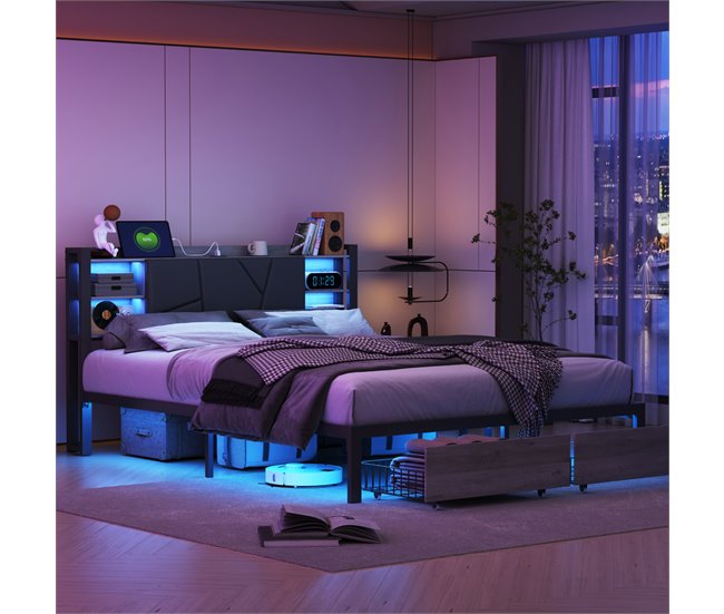 Cama doble con USB, 2 cajones, cabecero PU y LED Negro