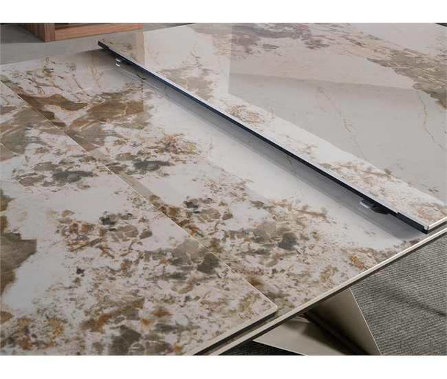 Mesa comedor extensible rectangular mármol porcelánico y acero color champagne Blanco/ Rojo