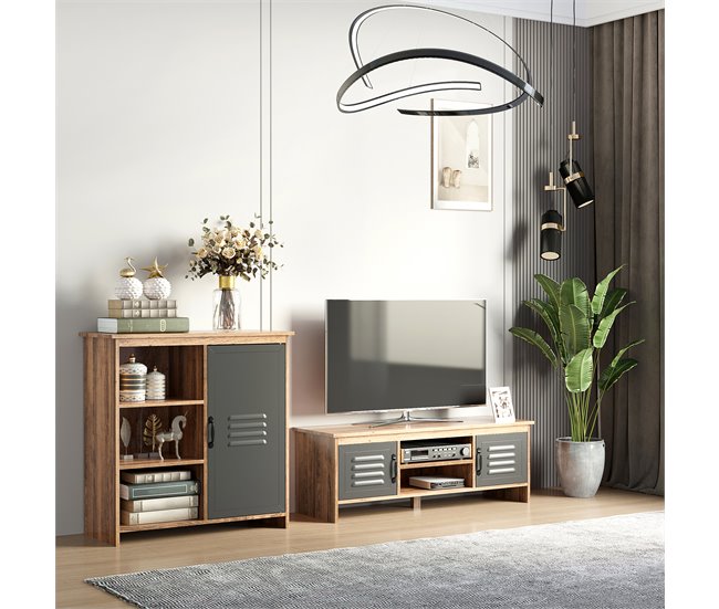 Aparador Auxiliar Melamina de Madera, Metal HOMCOM 80 Gris