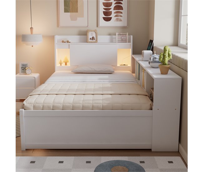 Cama juvenile de madera de pino con 2 cajónes 113x220 Blanco