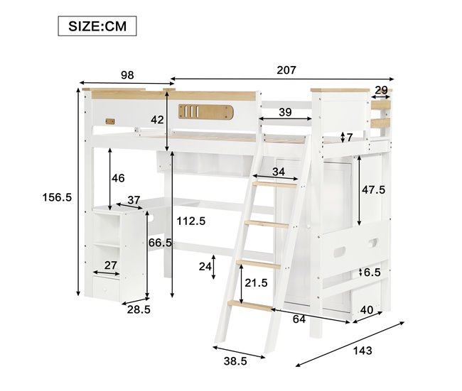 Cama alta infantil de madera de pino Natural/ Blanco