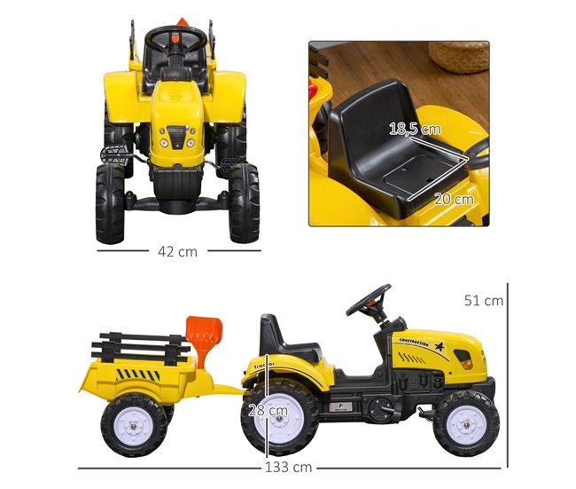 Tractor Pedal con Remolque Hierro, plástico HOMCOM Amarillo