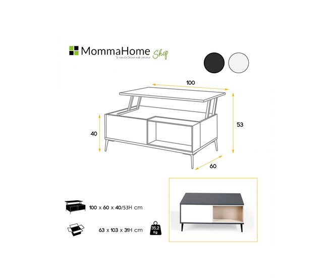 Mesa de centro elevable LEA Patas metálicas Blanco