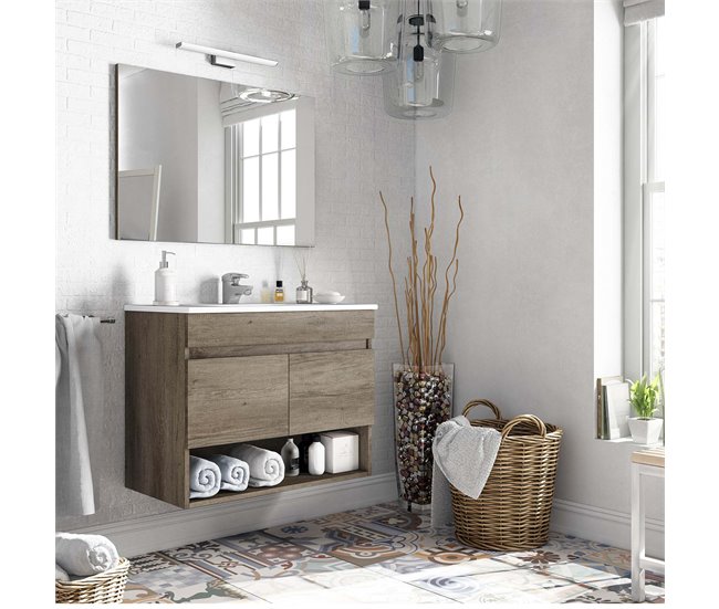 Mueble baño suspendido Clara 2 puertas, espejo y lavabo PMMA, Nordik Madera