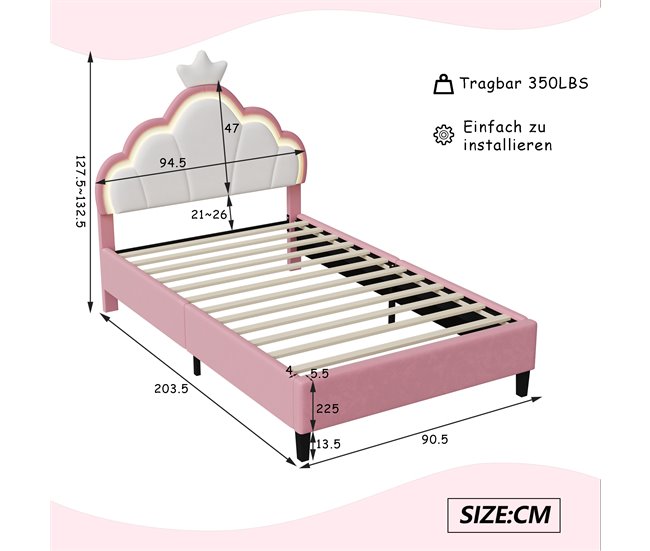 Cama, LED, Cama infantil, Cama juvenil, Cama doble 94x203 Rosa