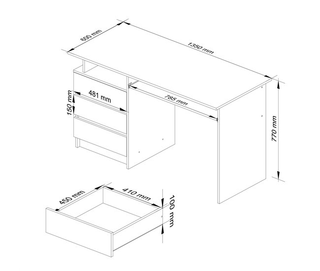 Escritorio CLP AKORD con 3 cajones 135x60 Madera